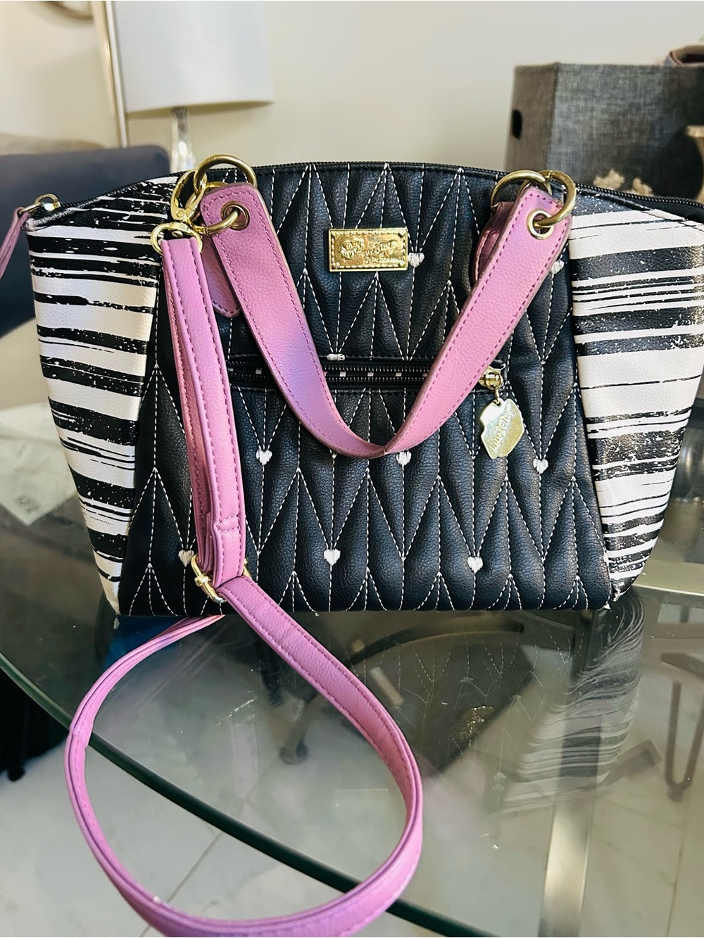Betsey Johnson Inspired Black & White Quilted Satchel Bag with Pink Strap